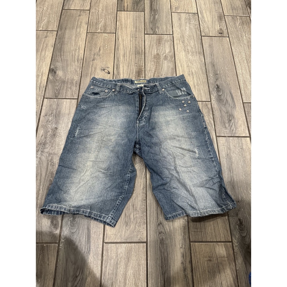 Miskeen Men's Denim Shorts Size 36 Blue Embroidered Dragon Studded Casual Y2K